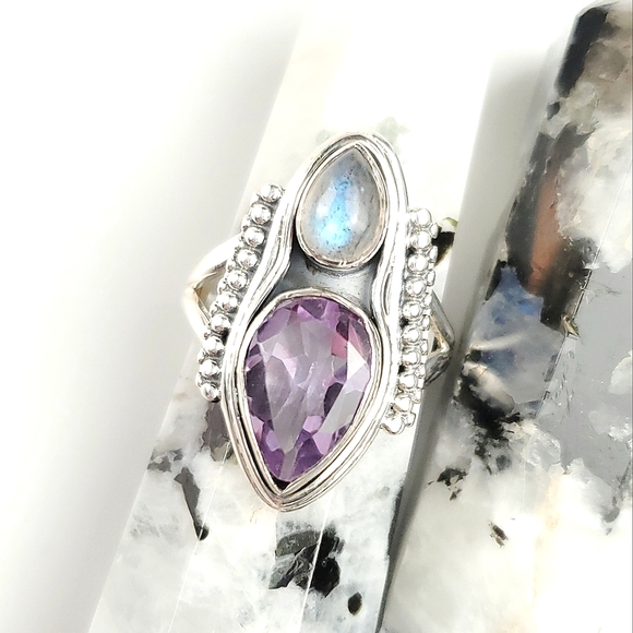 Sterling Silver Amethyst and Labradorite Double Teardrop Ring Size 8 - Picture 5 of 15